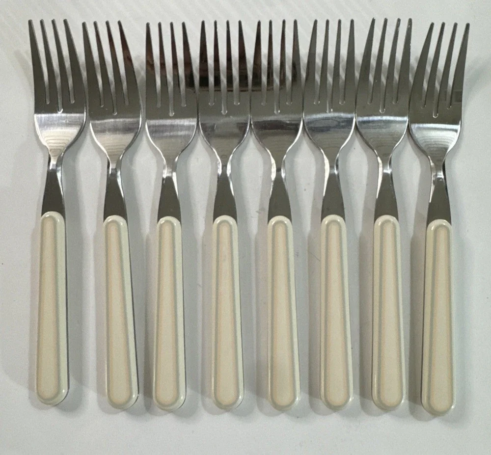 8 Vintage Pfaltzgraff Aura Pink Salad Forks Stainless Flatware Cream Resin MCM